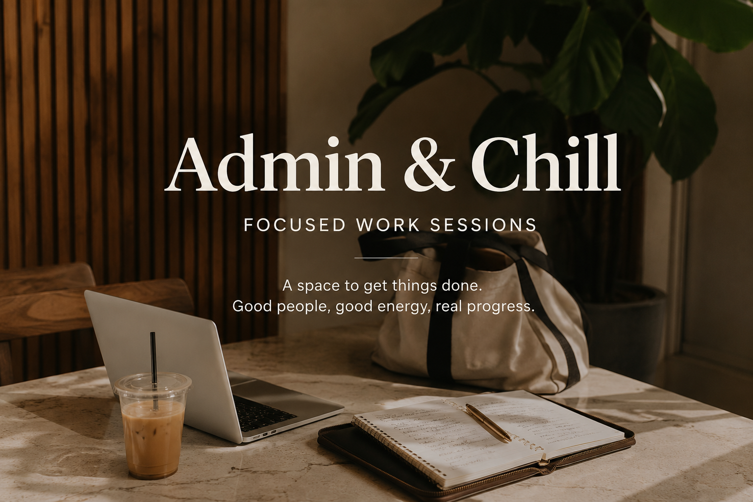 A cozy workspace scene with a laptop, notebook, pen, iced coffee, and a tote bag on a table, overlaid with the text 'Admin & Chill' and 'Focused Work Sessions' in a warm indoor setting.